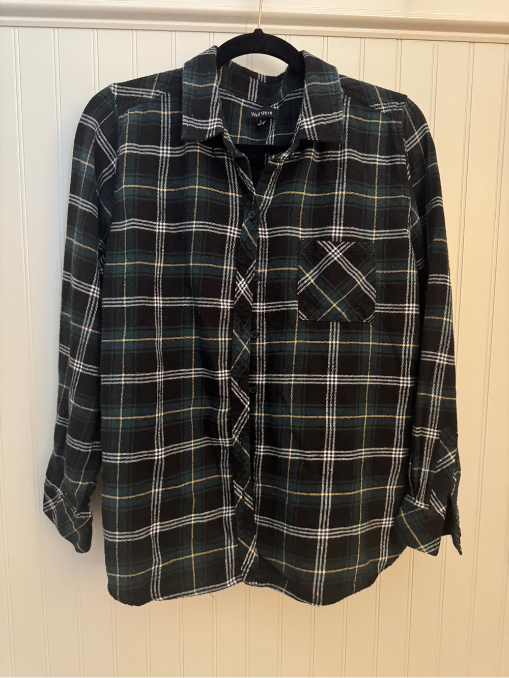 Women’s Boyfriend Black and Green Plaid Button-Down Shirt